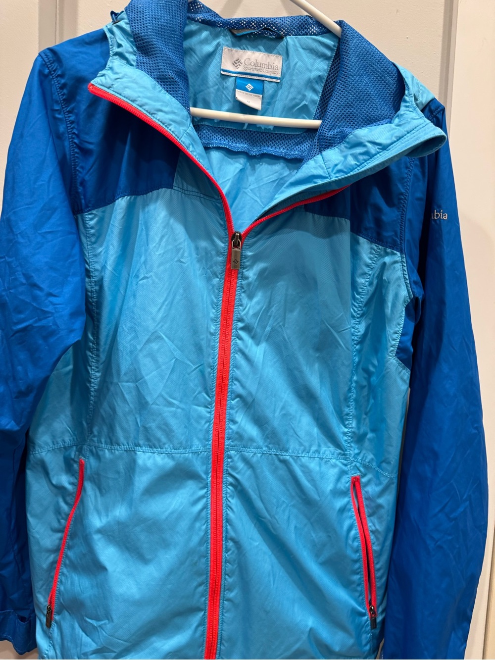 Columbia Two-Tone Blue Hooded Windbreaker with Pink Zipper
